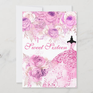 Pink & Purple Roses Dress Sweet 16 Invitation