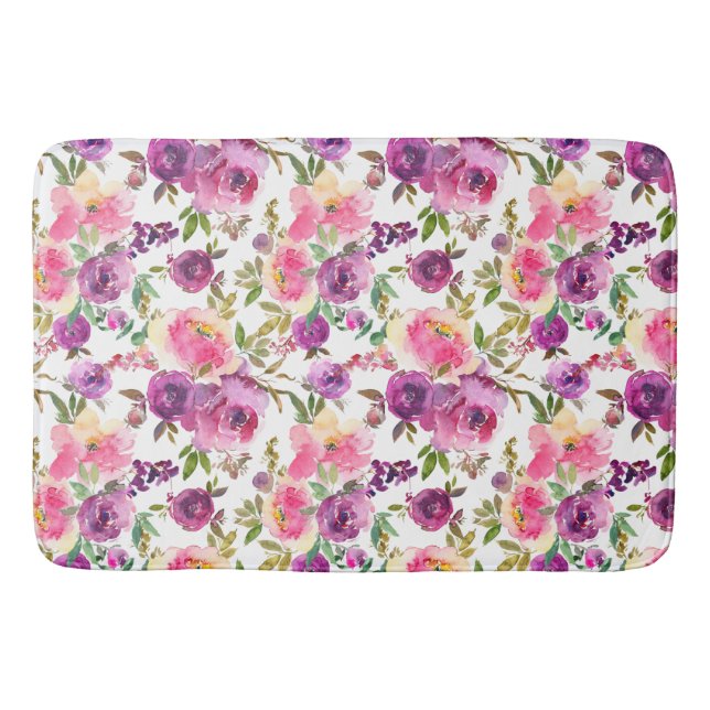  Pink Purple Roses Floral Girly Trendy Bath Mat (Front)