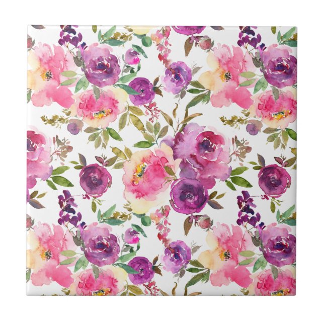  Pink Purple Roses Floral Girly Trendy Ceramic Tile (Front)