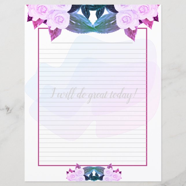 Pink Purple Roses Floral Lined Writing Paper (Front)