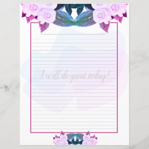 Pink Purple Roses Floral Lined Writing Paper
