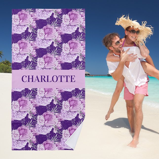 Pink purple roses flowers name beach towel (Creator Uploaded)