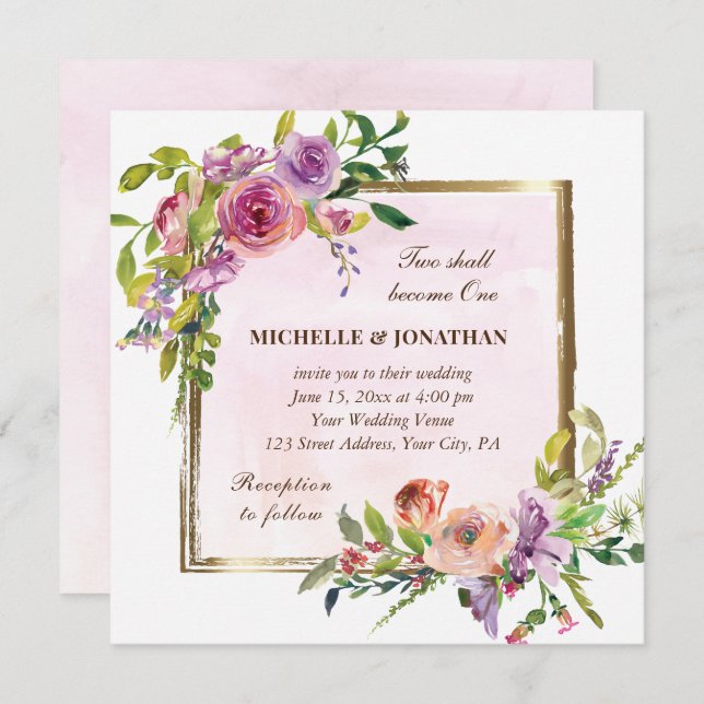 Pink Purple Roses Gold Frame Christian Wedding Invitation (Front/Back)