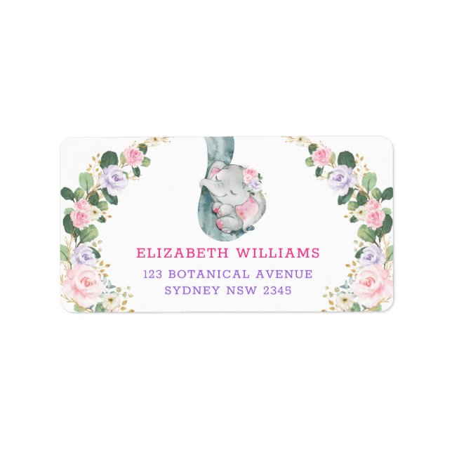 Pink Purple Roses Greenery Sleeping Baby Elephant Label (Front)