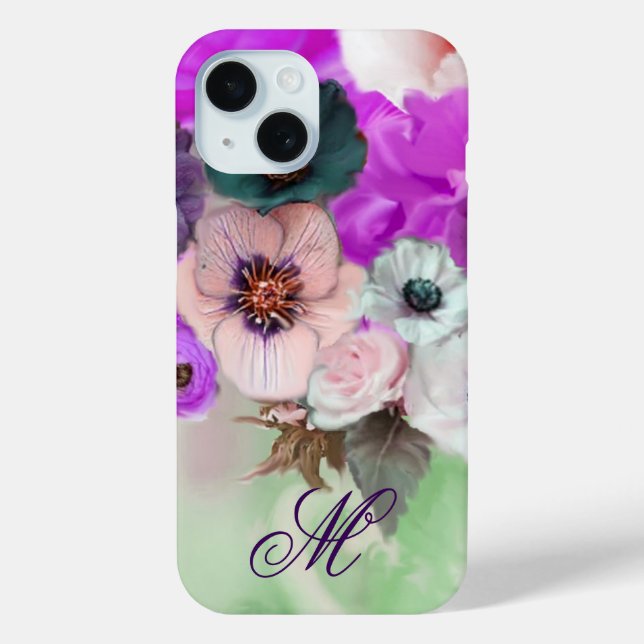 PINK PURPLE  ROSES,WHITE ANEMONE FLOWERS MONOGRAM Case-Mate iPhone CASE (Back)
