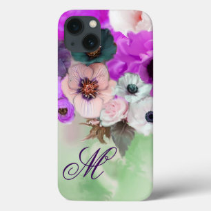 PINK PURPLE  ROSES,WHITE ANEMONE FLOWERS MONOGRAM iPhone 13 CASE