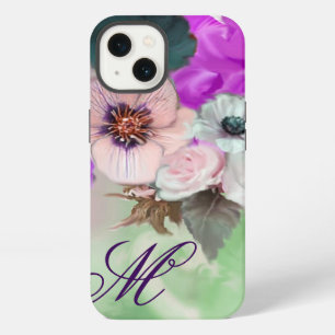 PINK PURPLE ROSES,WHITE ANEMONE FLOWERS MONOGRAM iPhone CASE
