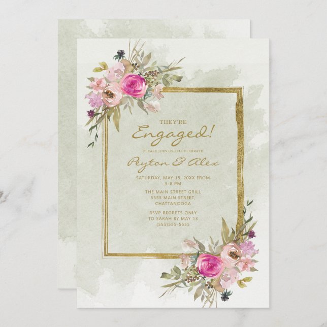 Pink Purple Sage Green Leaves Gold Engagement Invitation (Front/Back)