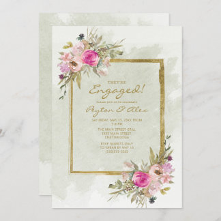 Pink Purple Sage Green Leaves Gold Engagement Invitation
