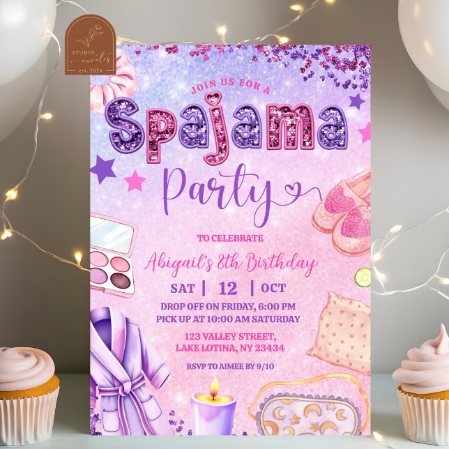 Pink Purple sequin Spajama Party Birthday Invitation (Creator Uploaded)