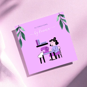 Pink Purple Sewing Machine Seamstress Illustration Square Business Card