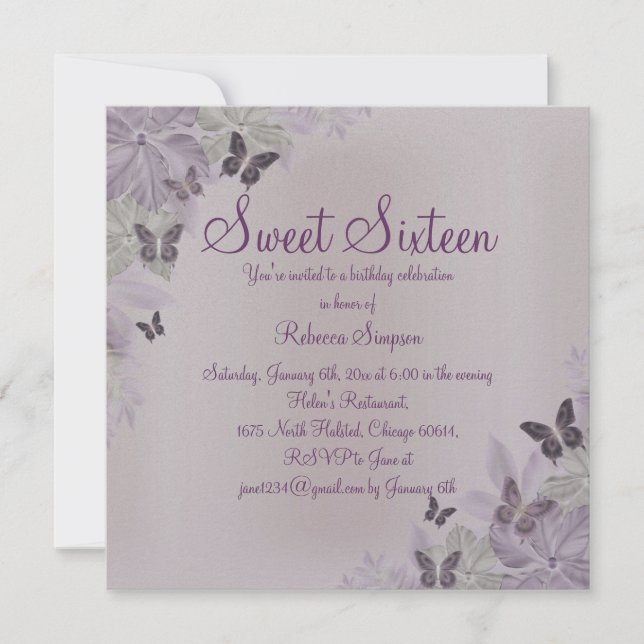 Pink & Purple Shimmer Butterfly Sweet 16 Invite (Front)