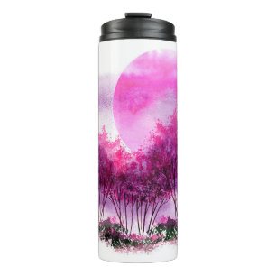 pink, purple silhouette of trees against the backg thermal tumbler
