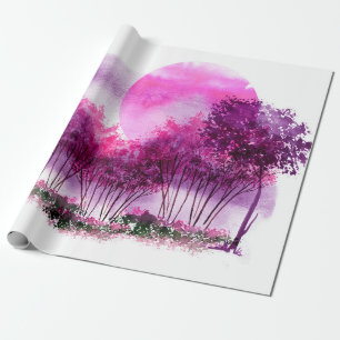 pink, purple silhouette of trees against the backg wrapping paper