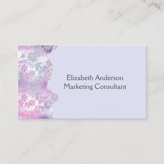 Pink Purple Silver Floral Glitter Trendy Feminine Business Card (Front)