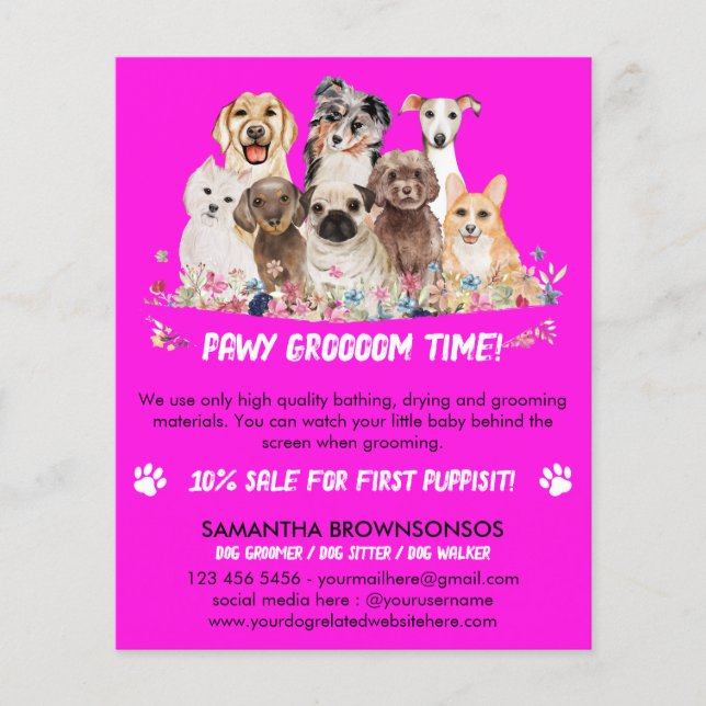 Pink Purple Simple Floral Illustrated Dog groomer Flyer (Front)