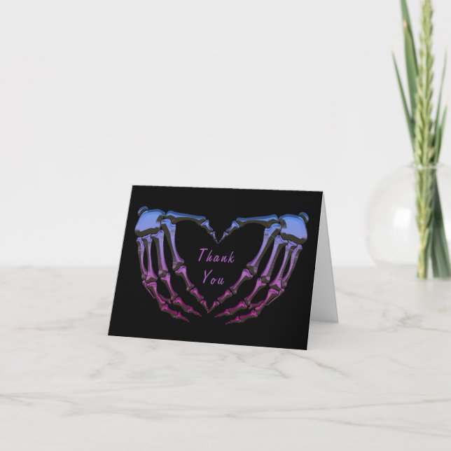 Pink Purple Skeleton Gothic Hands Love Heart Shape Thank You Card (Front)