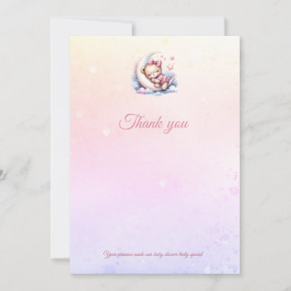 Pink&Purple Sleepy Bear on the Moon Baby Shower Thank You Card