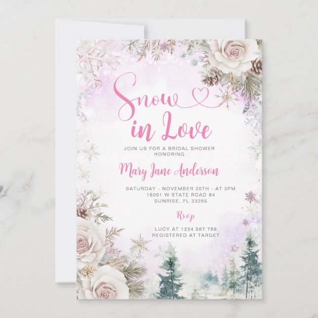 Pink Purple Snowflake Snow in Love Bridal Shower Invitation (Front)