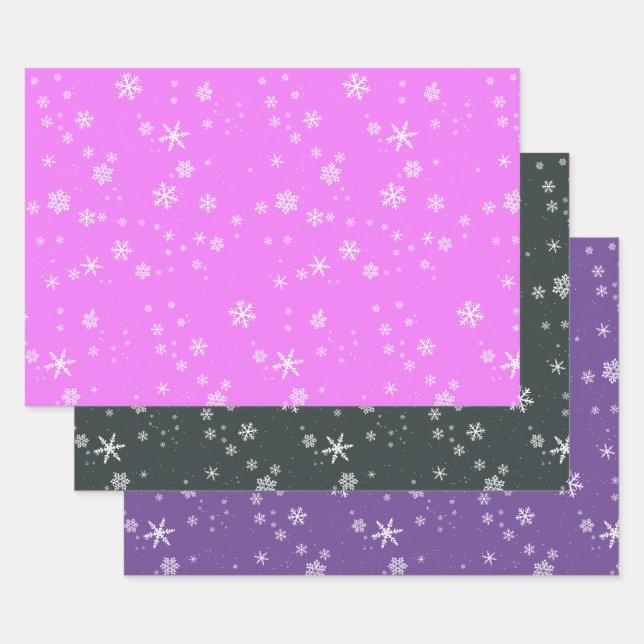 Pink Purple Snowflakes Christmas Holidays Wrapping Paper Sheet (Set)