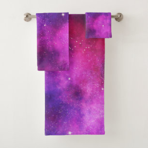 Pink & Purple Space & Stars Faux Galaxy Bath Towel Set