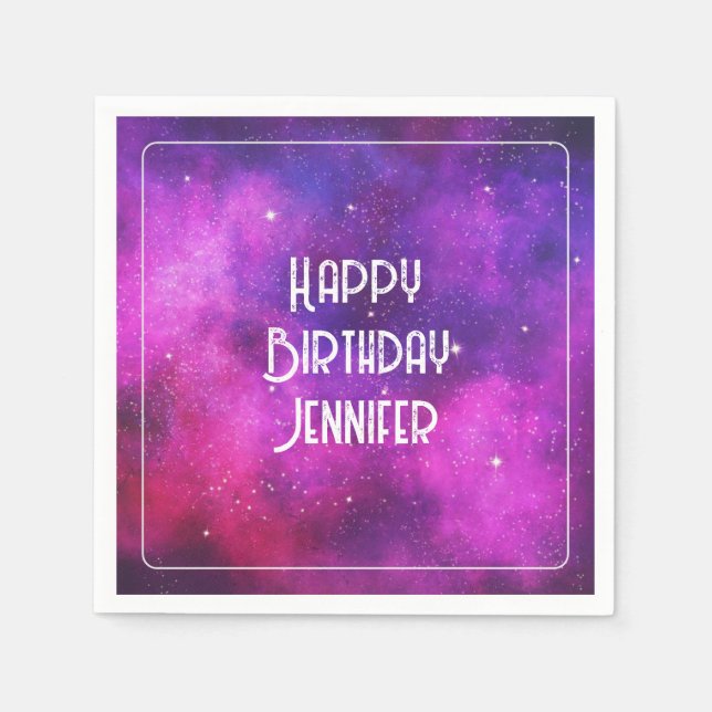 Pink & Purple Space & Stars Faux Galaxy Birthday Napkin (Front)