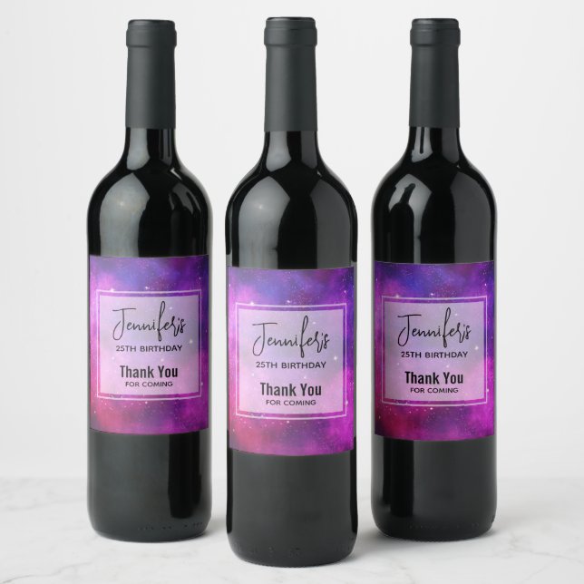 Pink & Purple Space & Stars Faux Galaxy Birthday Wine Label (Bottles)