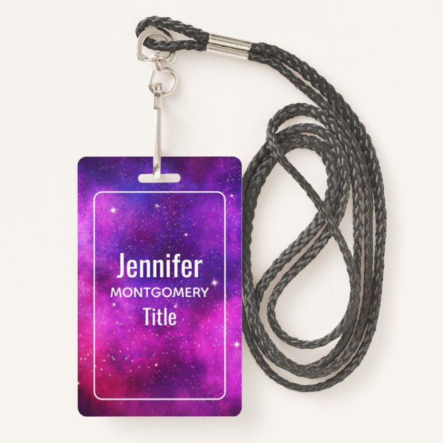 Pink & Purple Space & Stars Faux Galaxy ID Badge (Front with Lanyard)
