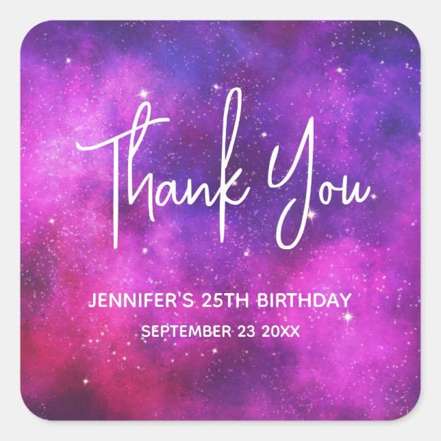 Pink & Purple Space & Stars Faux Galaxy Party Square Sticker (Front)