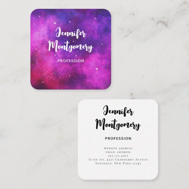 Pink & Purple Space & Stars Faux Galaxy Square Square Business Card (Front/Back)