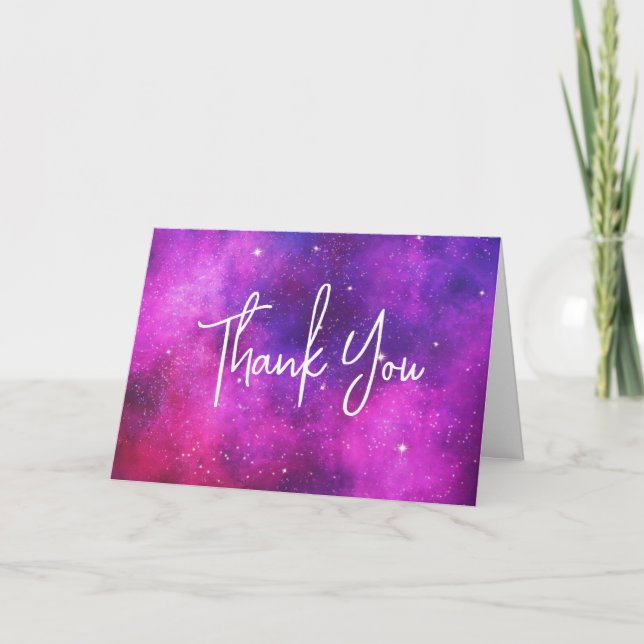 Pink & Purple Space & Stars Faux Galaxy Thank You Card (Front)