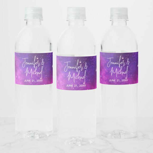 Pink & Purple Space & Stars Faux Galaxy Wedding Water Bottle Label (Bottles)