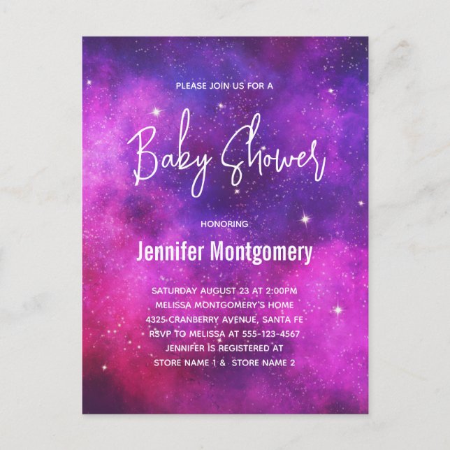 Pink & Purple Space & Stars Galaxy Baby Shower Invitation Postcard (Front)