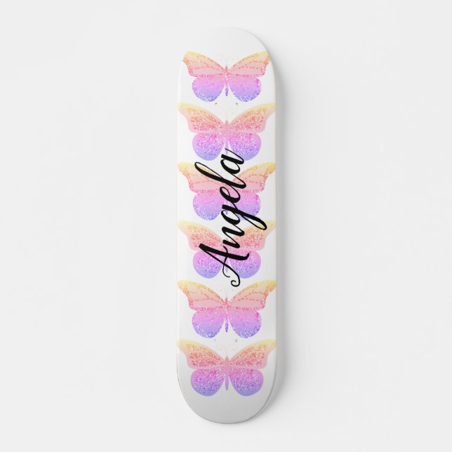 Pink Purple Sparkle Butterflies Personalised Skate Skateboard (Front)
