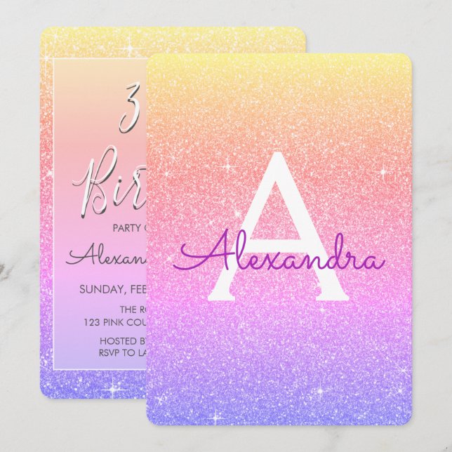 Pink Purple Sparkle Glitter 30th Birthday Party Invitation (Front/Back)