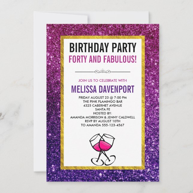 Pink & Purple Sparkle Glitter 40th Birthday Party Invitation (Front)