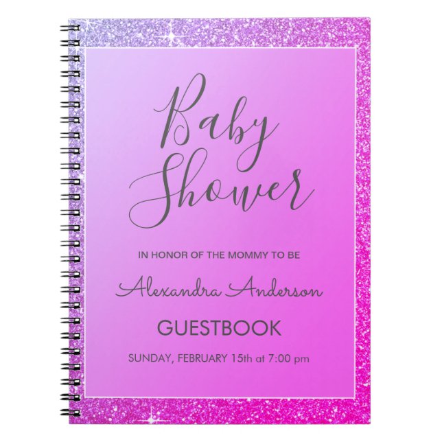 Pink Purple Sparkle Glitter Baby Shower Guestbook Notebook (Front)