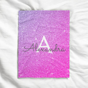Pink Purple Sparkle Glitter Monogram Name Fleece Blanket