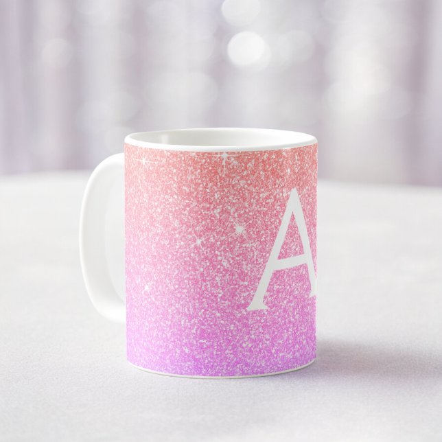 Pink Purple Sparkle Glitter Monogram Name Initial Coffee Mug (Creator Uploaded)
