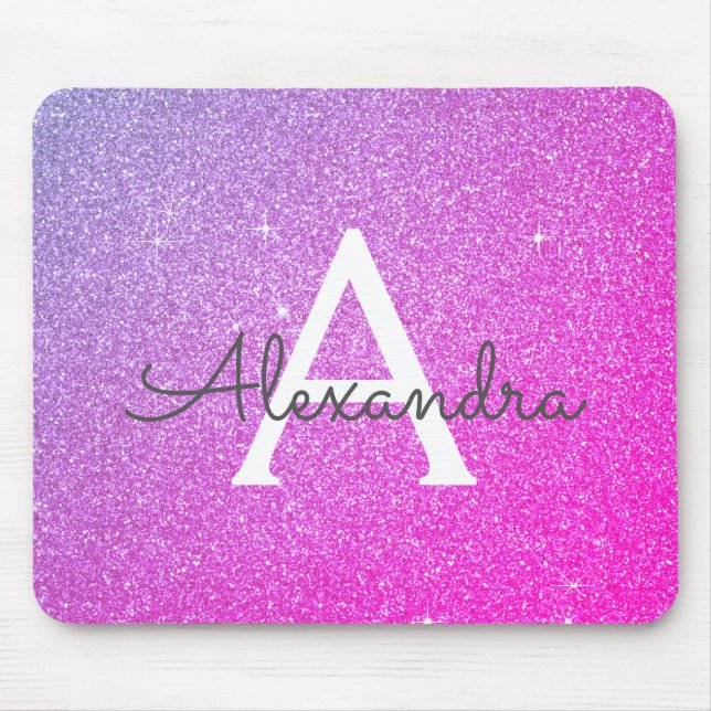 Pink Purple Sparkle Glitter Monogram Name Mousepad (Front)