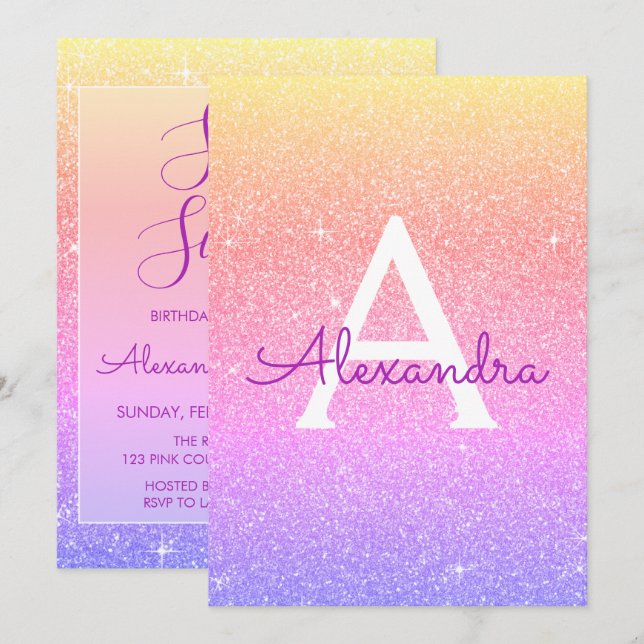 Pink Purple Sparkle Glitter Sweet Sixteen Birthday Invitation (Front/Back)