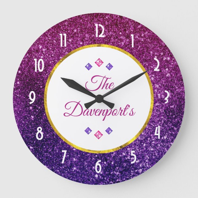 Pink & Purple Sparkling Gemstones Large Clock (Front)