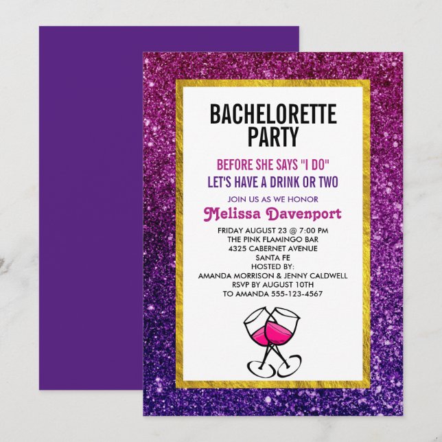 Pink & Purple Sparkling Glitter Bachelorette Party Invitation (Front/Back)