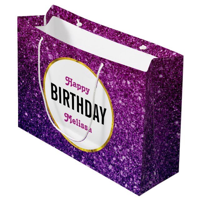 Pink & Purple Sparkling Glitter Gemstones Birthday Large Gift Bag (Front Angled)