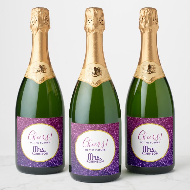 Pink & Purple Sparkling Glitter Gemstones Cheers Sparkling Wine Label (Bottles)