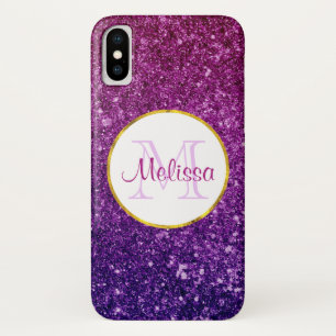 Pink & Purple Sparkling Glitter Gemstones Monogram iPhone X Case