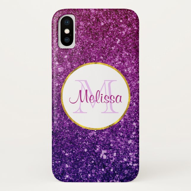 Pink & Purple Sparkling Glitter Gemstones Monogram Case-Mate iPhone Case (Back)