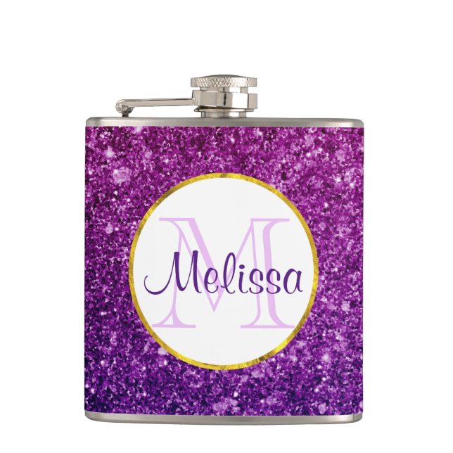 Pink & Purple Sparkling Glitter Gemstones Monogram Hip Flask (Front)