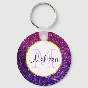 Pink & Purple Sparkling Glitter Gemstones Monogram Key Ring