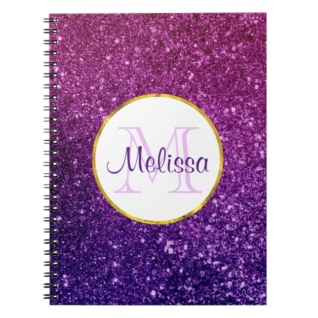 Pink & Purple Sparkling Glitter Gemstones Monogram Notebook (Front)